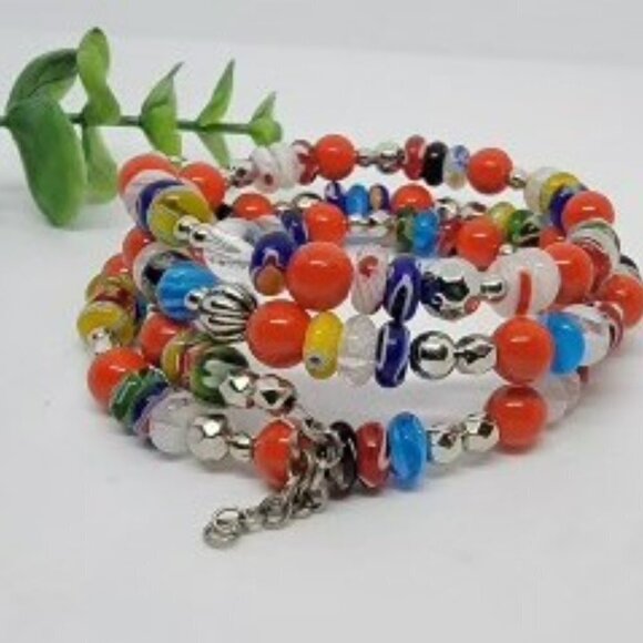 Muli-colored Beads with Silver Spacers Wrap Around Bracelet with Chain - Picture 2 of 2
